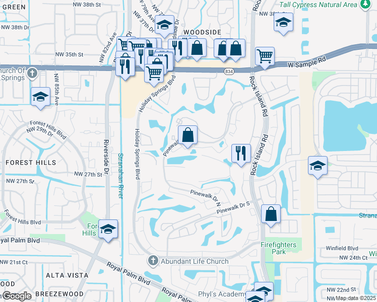 map of restaurants, bars, coffee shops, grocery stores, and more near 3330 Pinewalk Drive North in Margate