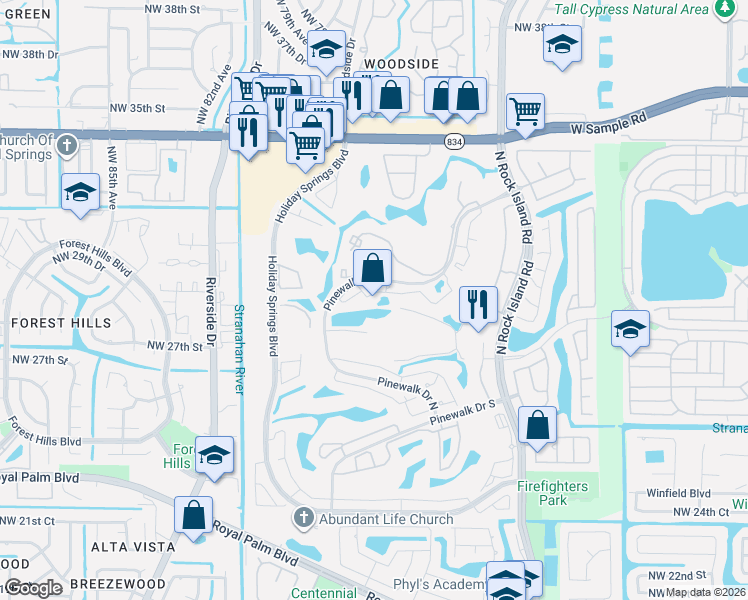 map of restaurants, bars, coffee shops, grocery stores, and more near 3320 Pinewalk Drive North in Margate