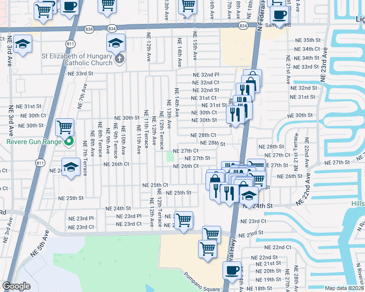 map of restaurants, bars, coffee shops, grocery stores, and more near 1406 Northeast 28th Court in Pompano Beach