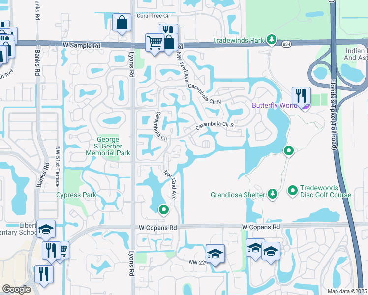 map of restaurants, bars, coffee shops, grocery stores, and more near 3150 Northwest 42nd Avenue in Coconut Creek