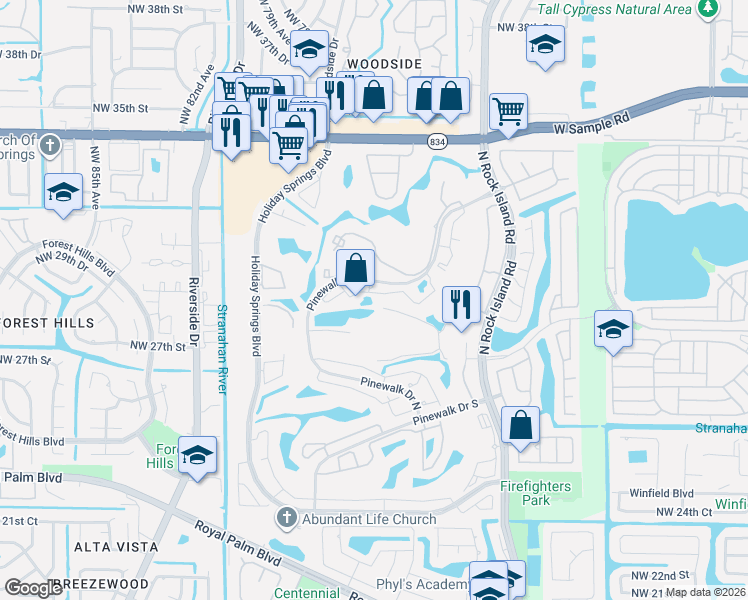 map of restaurants, bars, coffee shops, grocery stores, and more near 3340 Pinewalk Drive North in Margate