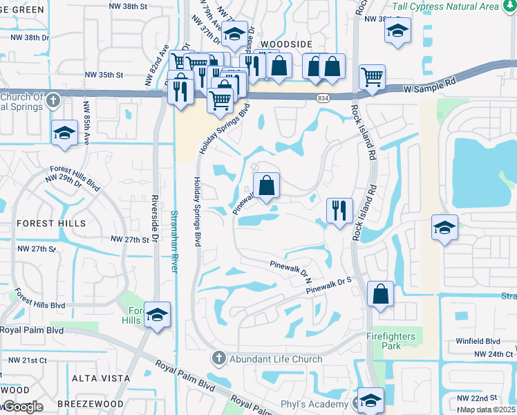 map of restaurants, bars, coffee shops, grocery stores, and more near 3320 Pinewalk Drive North in Margate