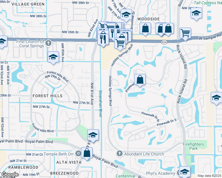 map of restaurants, bars, coffee shops, grocery stores, and more near 3185 Holiday Springs Boulevard in Margate