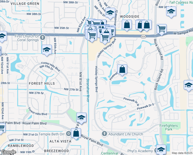 map of restaurants, bars, coffee shops, grocery stores, and more near 3185 Holiday Springs Boulevard in Margate