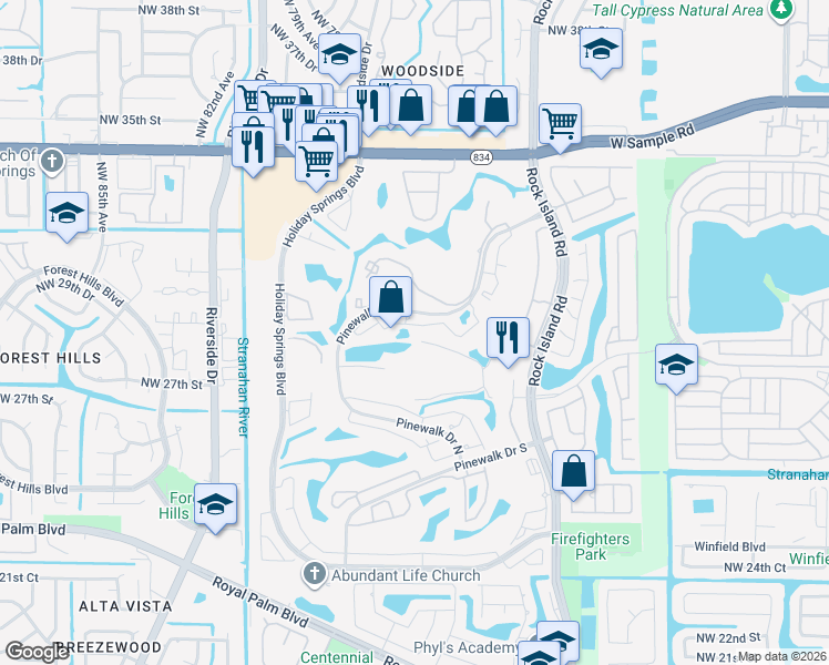 map of restaurants, bars, coffee shops, grocery stores, and more near 3340 Pinewalk Drive North in Margate