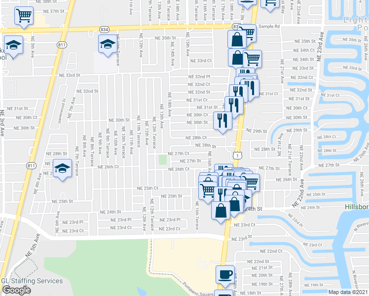 map of restaurants, bars, coffee shops, grocery stores, and more near 1448 Northeast 28th Street in Pompano Beach