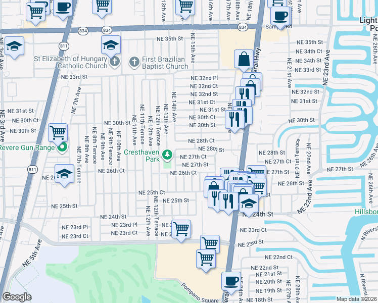 map of restaurants, bars, coffee shops, grocery stores, and more near 1448 Northeast 28th Street in Pompano Beach