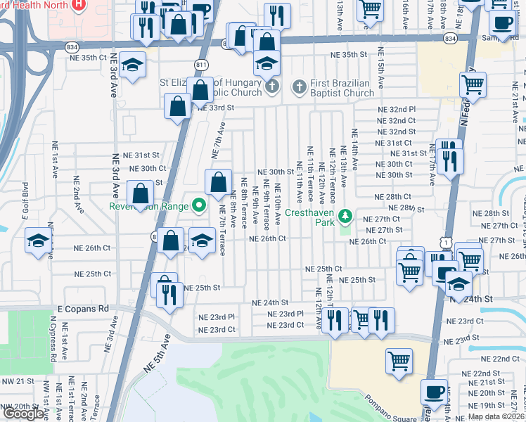 map of restaurants, bars, coffee shops, grocery stores, and more near 2811 Northeast 9th Terrace in Pompano Beach