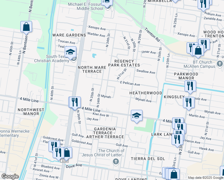 map of restaurants, bars, coffee shops, grocery stores, and more near 3204 Nightingale Court in McAllen