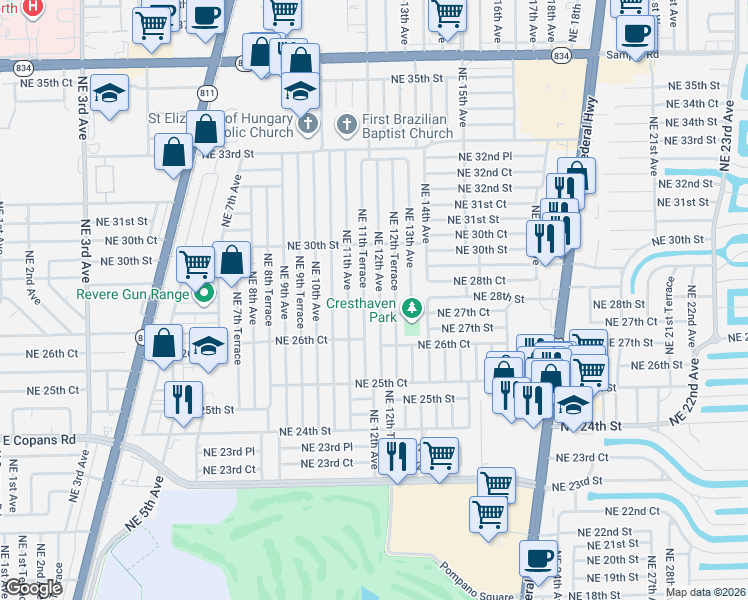 map of restaurants, bars, coffee shops, grocery stores, and more near 2831 Northeast 11th Terrace in Pompano Beach