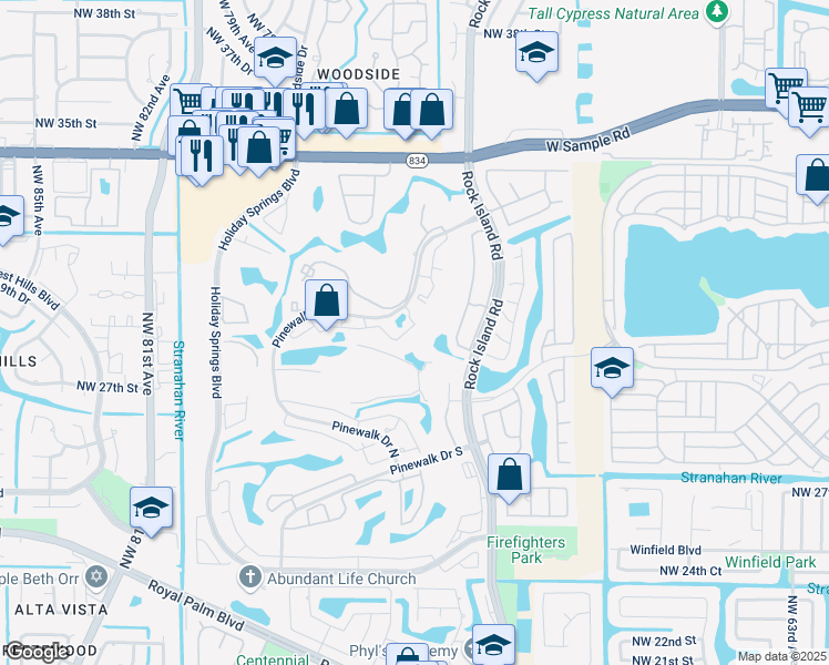 map of restaurants, bars, coffee shops, grocery stores, and more near 3410 Pinewalk Drive North in Margate