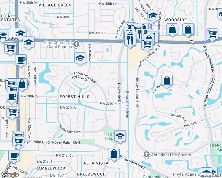 map of restaurants, bars, coffee shops, grocery stores, and more near 2889 Forest Hills Boulevard in Coral Springs