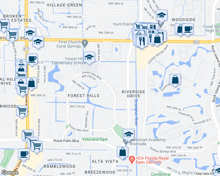 map of restaurants, bars, coffee shops, grocery stores, and more near 8409 Forest Hills Drive in Coral Springs