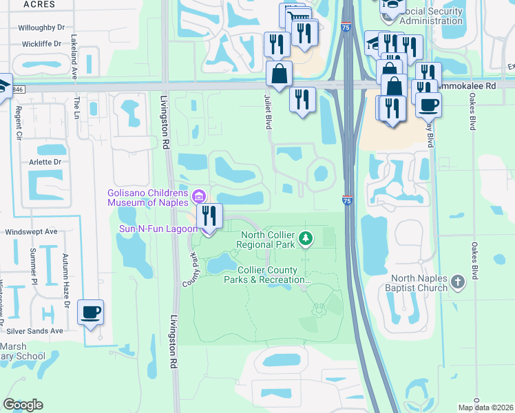 map of restaurants, bars, coffee shops, grocery stores, and more near 15114 Palmer Lake Circle in Naples