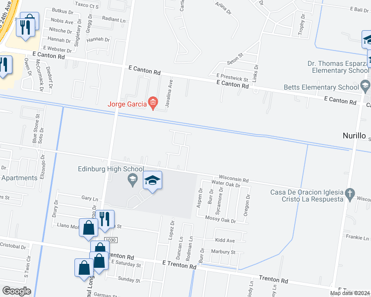 map of restaurants, bars, coffee shops, grocery stores, and more near 3303 Aurora Lane in Edinburg