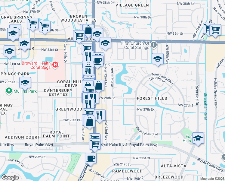 map of restaurants, bars, coffee shops, grocery stores, and more near 2801 Northwest 91st Avenue in Coral Springs