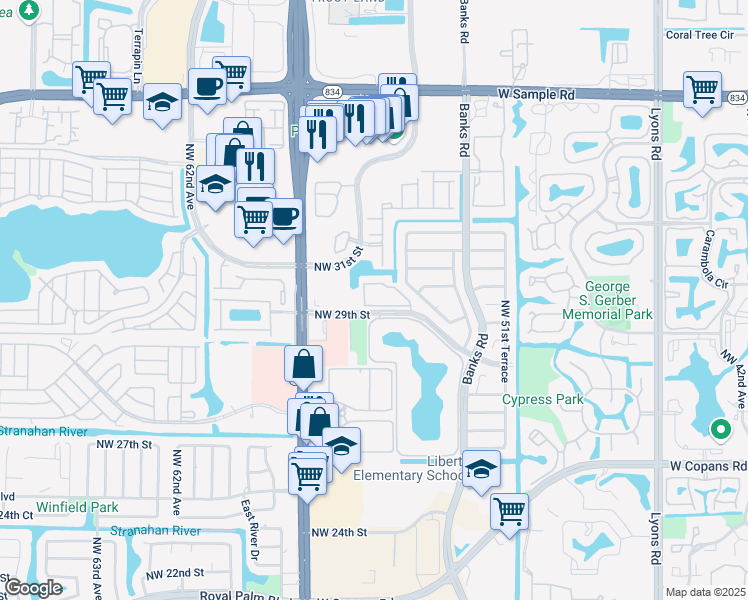 map of restaurants, bars, coffee shops, grocery stores, and more near 5522 Courtyard Drive in Margate