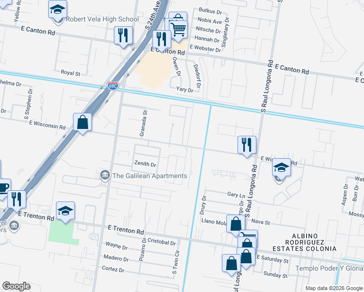 map of restaurants, bars, coffee shops, grocery stores, and more near 1720 East Wisconsin Road in Edinburg