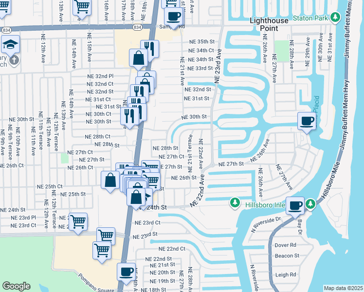 map of restaurants, bars, coffee shops, grocery stores, and more near 2800 Northeast 21st Avenue in Lighthouse Point