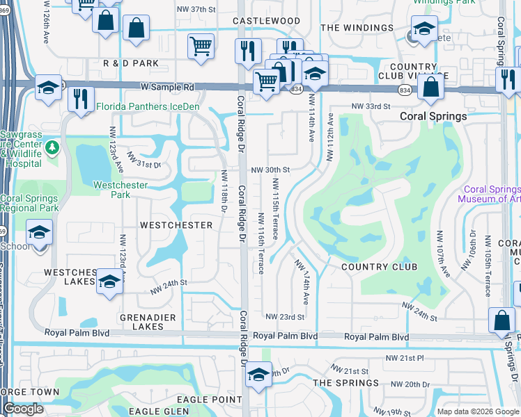map of restaurants, bars, coffee shops, grocery stores, and more near 11605 Northwest 28th Street in Coral Springs