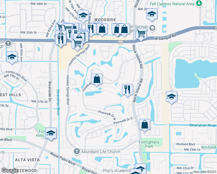map of restaurants, bars, coffee shops, grocery stores, and more near 3340 Pinewalk Drive North in Margate