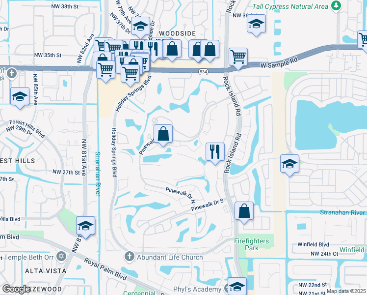 map of restaurants, bars, coffee shops, grocery stores, and more near 3420 Pinewalk Drive North in Margate