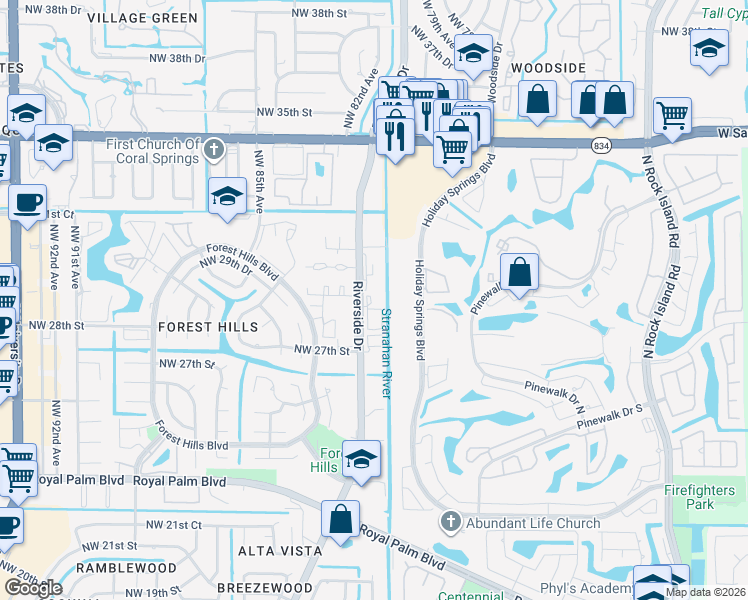 map of restaurants, bars, coffee shops, grocery stores, and more near None in Coral Springs