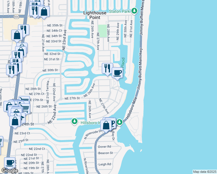 map of restaurants, bars, coffee shops, grocery stores, and more near 2835 Northeast 28th Avenue in Lighthouse Point