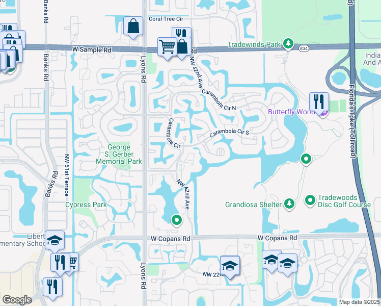 map of restaurants, bars, coffee shops, grocery stores, and more near 3150 Northwest 42nd Avenue in Coconut Creek