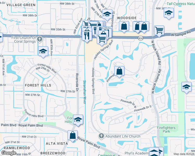 map of restaurants, bars, coffee shops, grocery stores, and more near 3185 Holiday Springs Boulevard in Margate