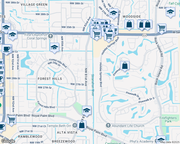 map of restaurants, bars, coffee shops, grocery stores, and more near in Coral Springs