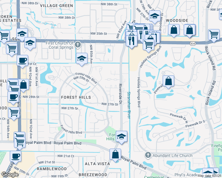 map of restaurants, bars, coffee shops, grocery stores, and more near 2889 Forest Hills Boulevard in Coral Springs
