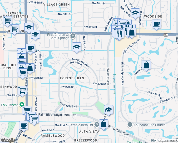 map of restaurants, bars, coffee shops, grocery stores, and more near 8500 Northwest 29th Drive in Coral Springs