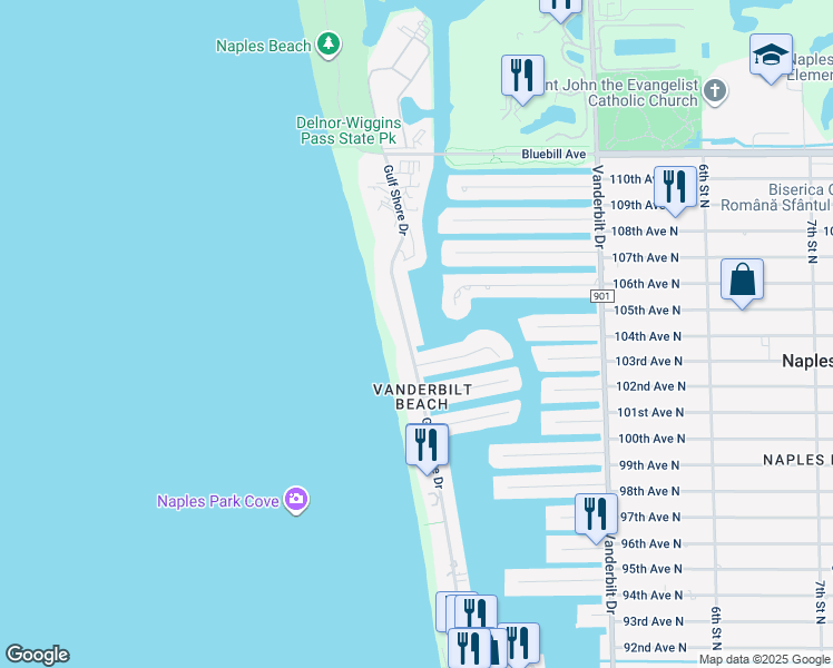 map of restaurants, bars, coffee shops, grocery stores, and more near 10482 Gulf Shore Drive in Naples