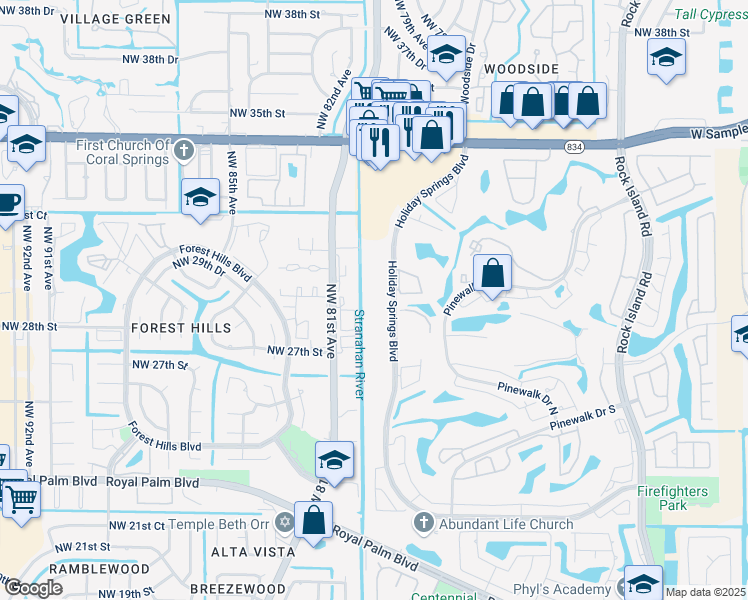 map of restaurants, bars, coffee shops, grocery stores, and more near 3170 Holiday Springs Boulevard in Margate