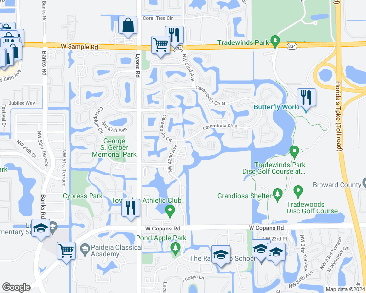 map of restaurants, bars, coffee shops, grocery stores, and more near 3150 Northwest 42nd Avenue in Coconut Creek