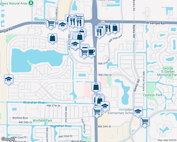 map of restaurants, bars, coffee shops, grocery stores, and more near 2940 East Sable Circle in Margate