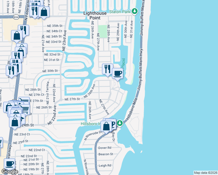 map of restaurants, bars, coffee shops, grocery stores, and more near 2755 Northeast 28th Avenue in Lighthouse Point