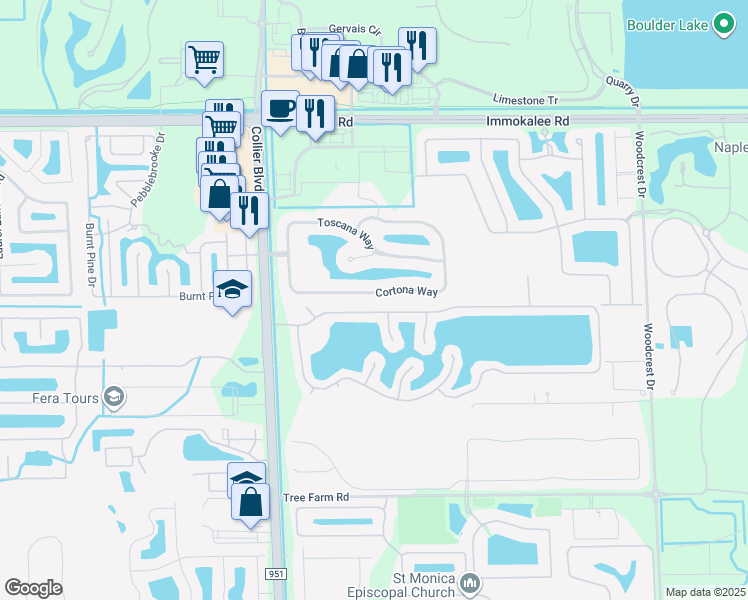 map of restaurants, bars, coffee shops, grocery stores, and more near 15262 Cortona Way in Naples