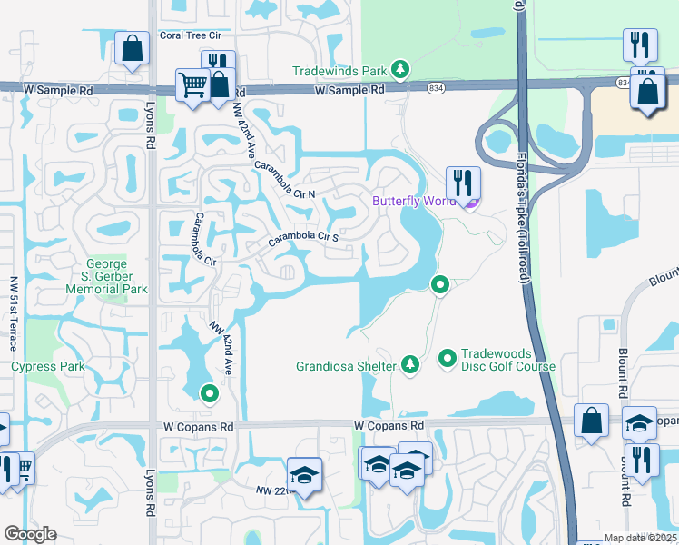 map of restaurants, bars, coffee shops, grocery stores, and more near 2914 Carambola Circle South in Coconut Creek