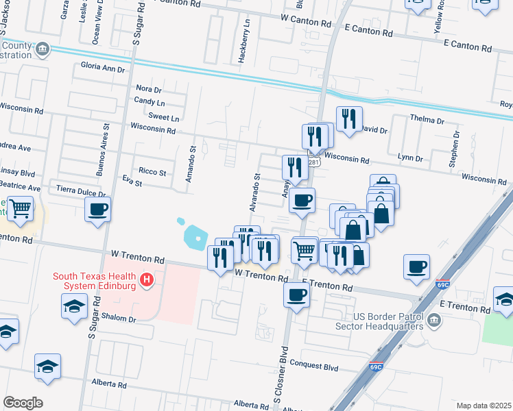map of restaurants, bars, coffee shops, grocery stores, and more near 420 Kika De La Garza Street in Edinburg