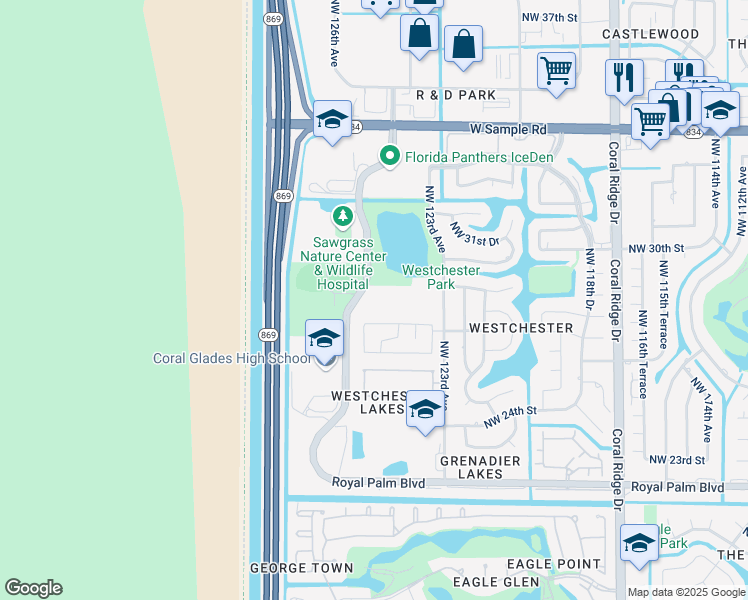 map of restaurants, bars, coffee shops, grocery stores, and more near 2700 Sportsplex Drive in Coral Springs