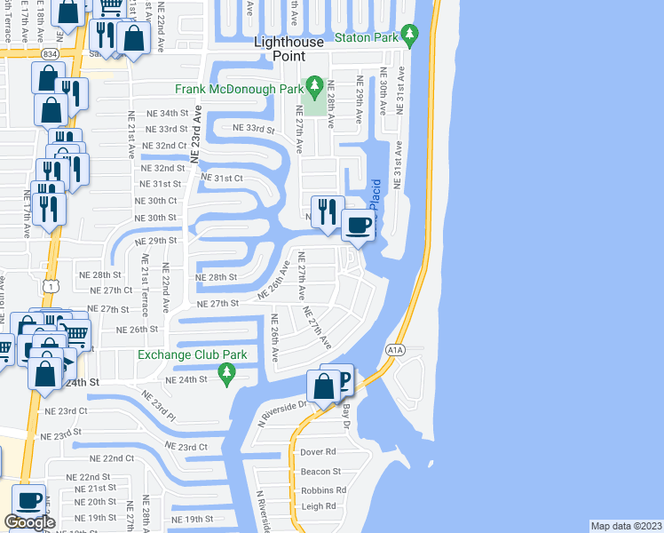 map of restaurants, bars, coffee shops, grocery stores, and more near 2835 Northeast 28th Avenue in Lighthouse Point
