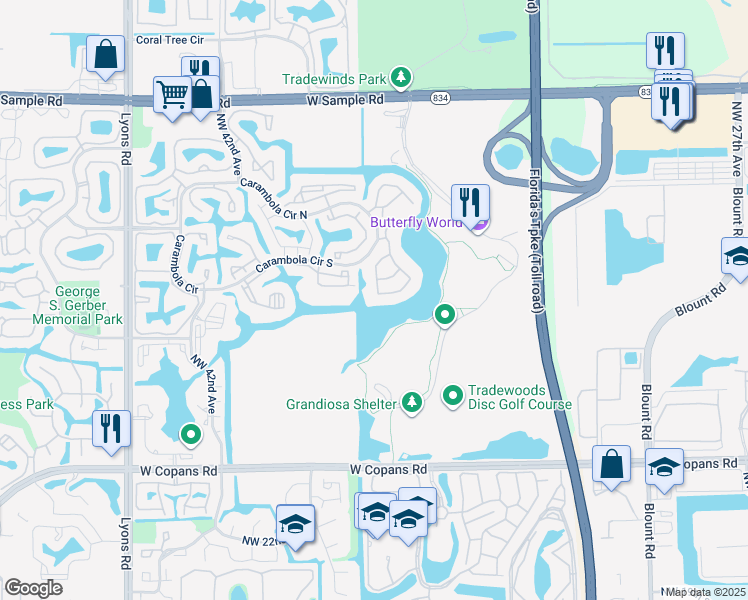 map of restaurants, bars, coffee shops, grocery stores, and more near 2907 Carambola Circle South in Coconut Creek