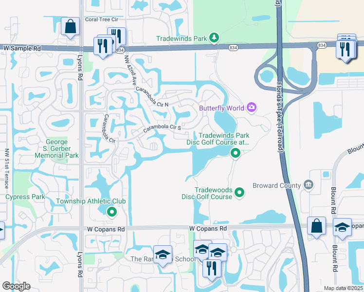 map of restaurants, bars, coffee shops, grocery stores, and more near 2914 Carambola Circle South in Coconut Creek
