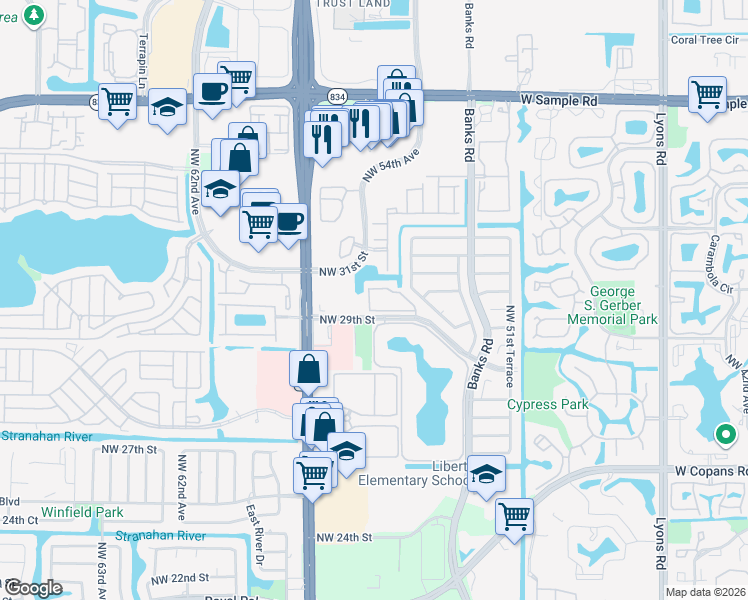 map of restaurants, bars, coffee shops, grocery stores, and more near 5522 Courtyard Drive in Margate