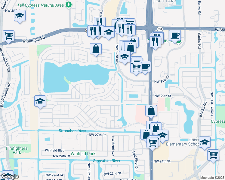 map of restaurants, bars, coffee shops, grocery stores, and more near 3086 Doubloon Drive in Margate