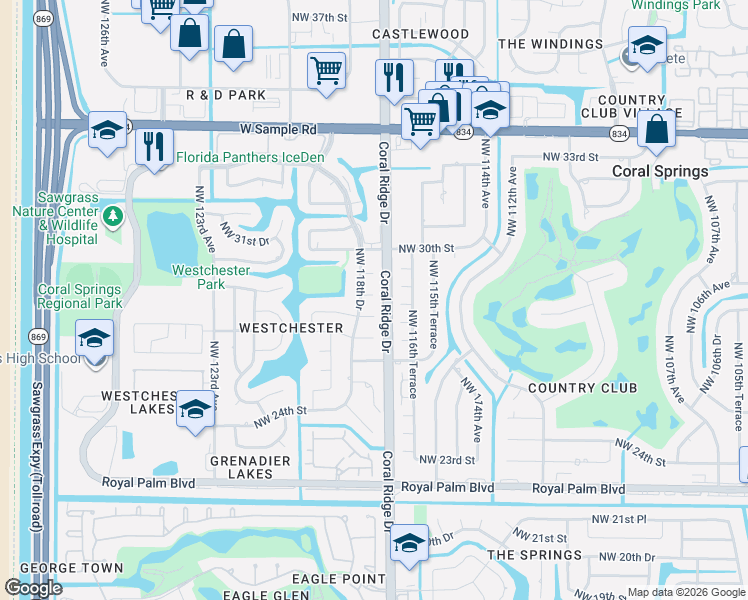 map of restaurants, bars, coffee shops, grocery stores, and more near 11759 Northwest 28th Court in Coral Springs