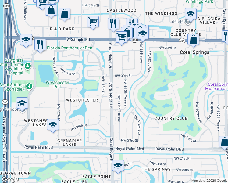 map of restaurants, bars, coffee shops, grocery stores, and more near 11605 Northwest 28th Street in Coral Springs
