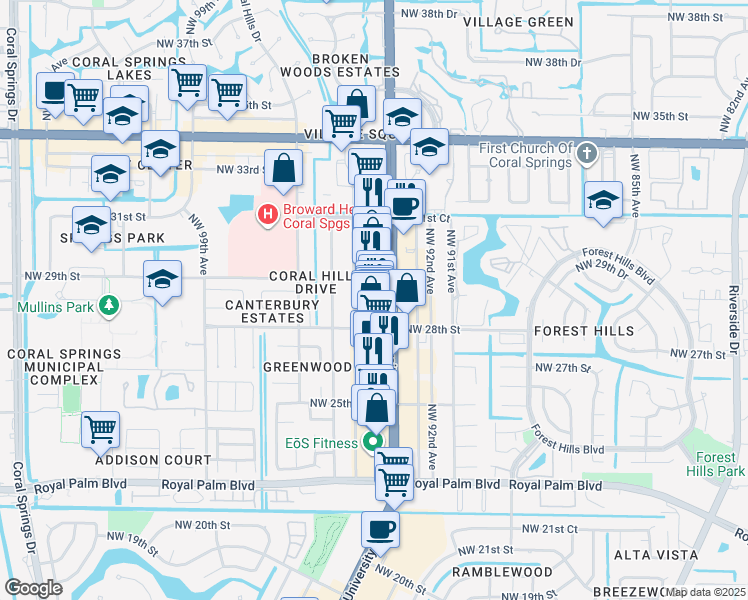 map of restaurants, bars, coffee shops, grocery stores, and more near 2902 North University Drive in Coral Springs